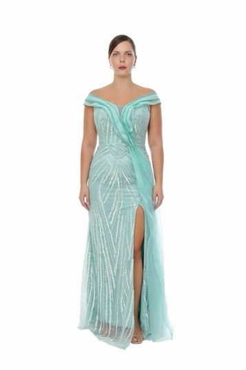 Mint Tulle Detailed Sequin Plus Size Evening Dress